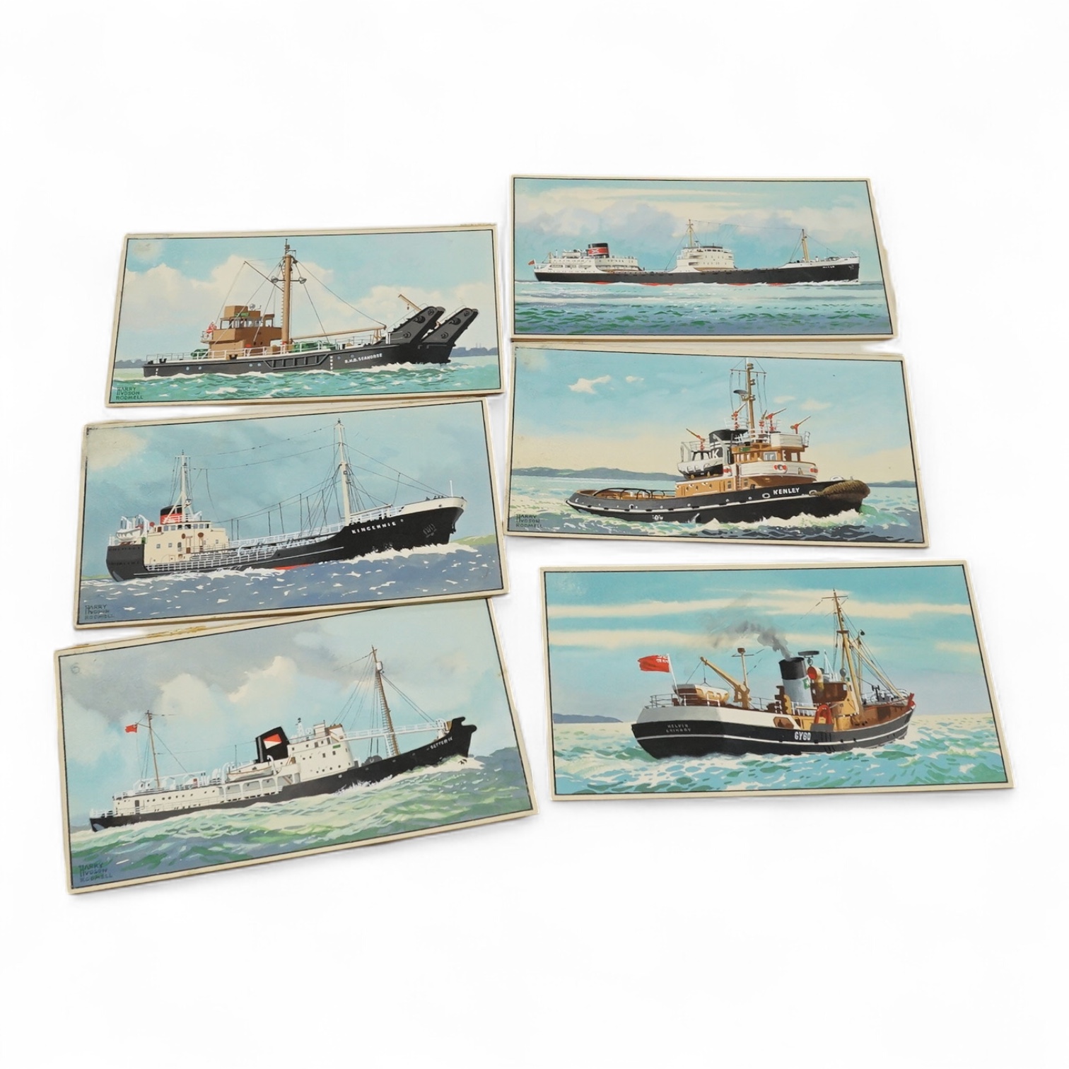 Harry Hudson Rodmell (1896-1984), set of six original gouache and watercolours for postcard designs, merchant shipping, to include T.V. Morar, Ross Kelvin and MV Kingennie, four signed, 12 x 19cm. Condition - fair to goo